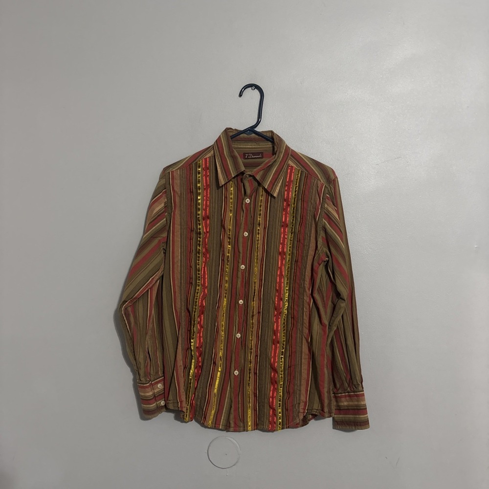 Men's 7 DIAMONDS brown LS full button casual wear shirt‎ size M Stripes